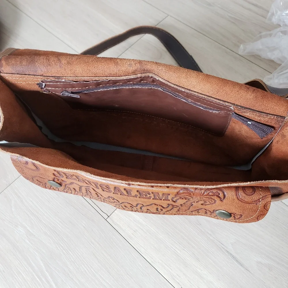 Holy Land Jerusalem Messenger Bag Unisex Medium Brown Leather Tooled Souvenir